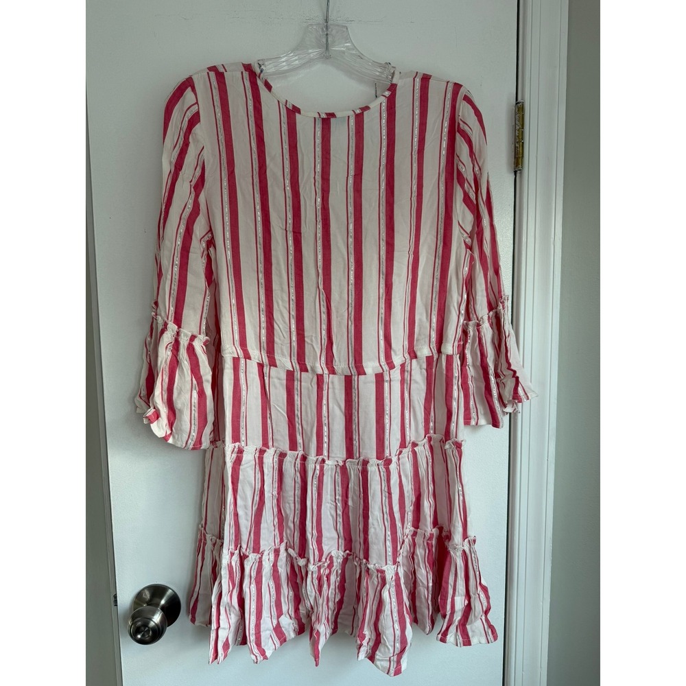 Blue Island Pink White Striped Metallic Tie Front Tassel Tiered Coverup Small - Picture 4 of 12
